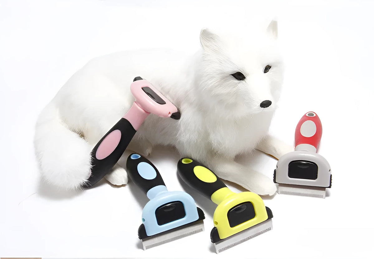 Removable ABS dog hair removal comb in blue or pink, available in small, medium and large.