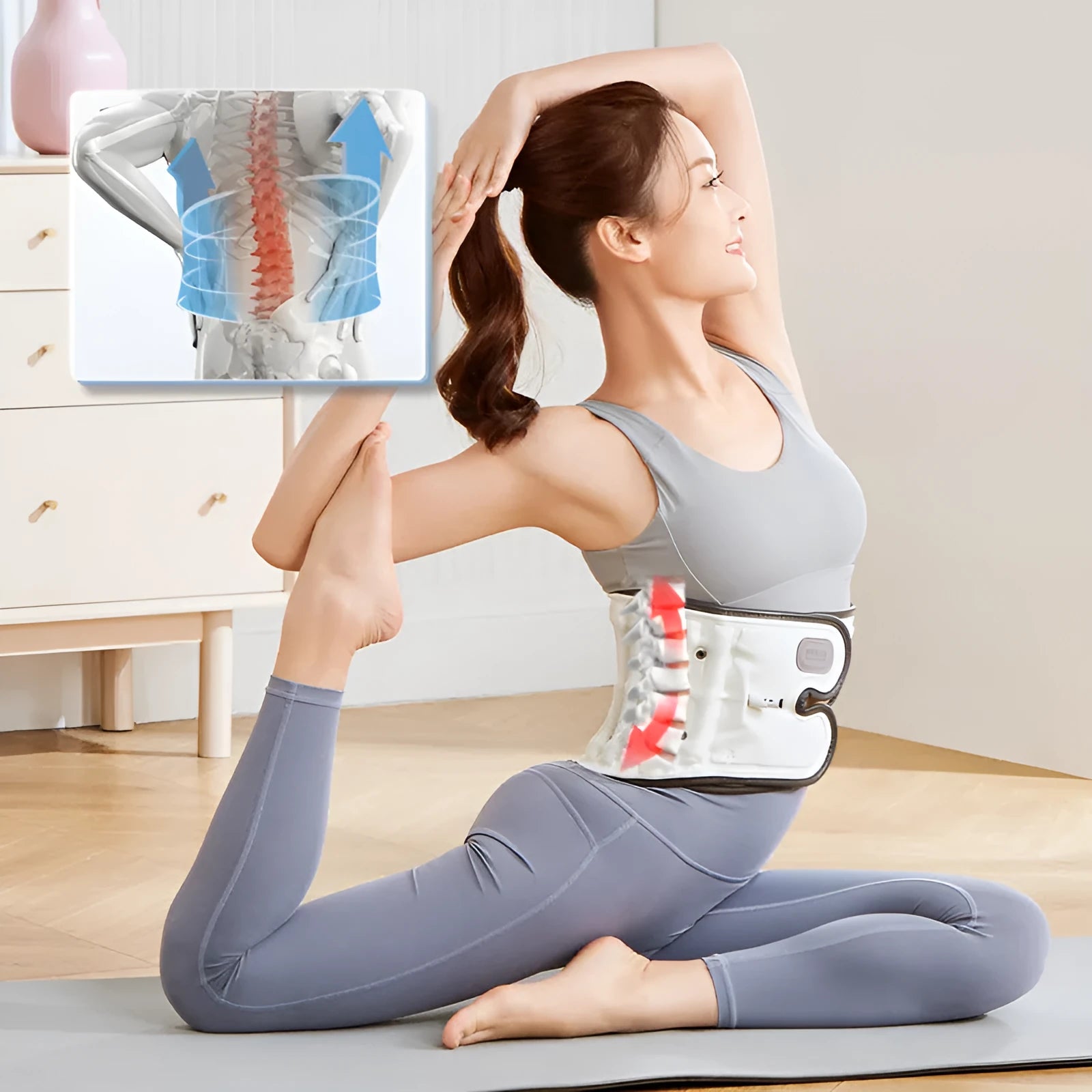 Lumbar waist supporter with automatic inflation feature in sizes S and M for back pain relief