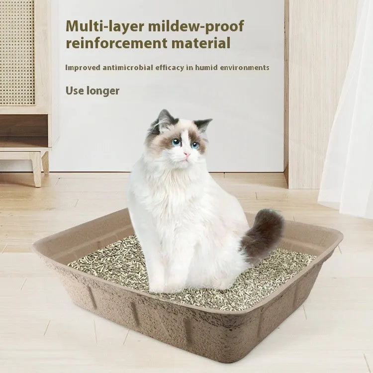 Brown biodegradable disposable cat litter box showing waterproof design with three size options
