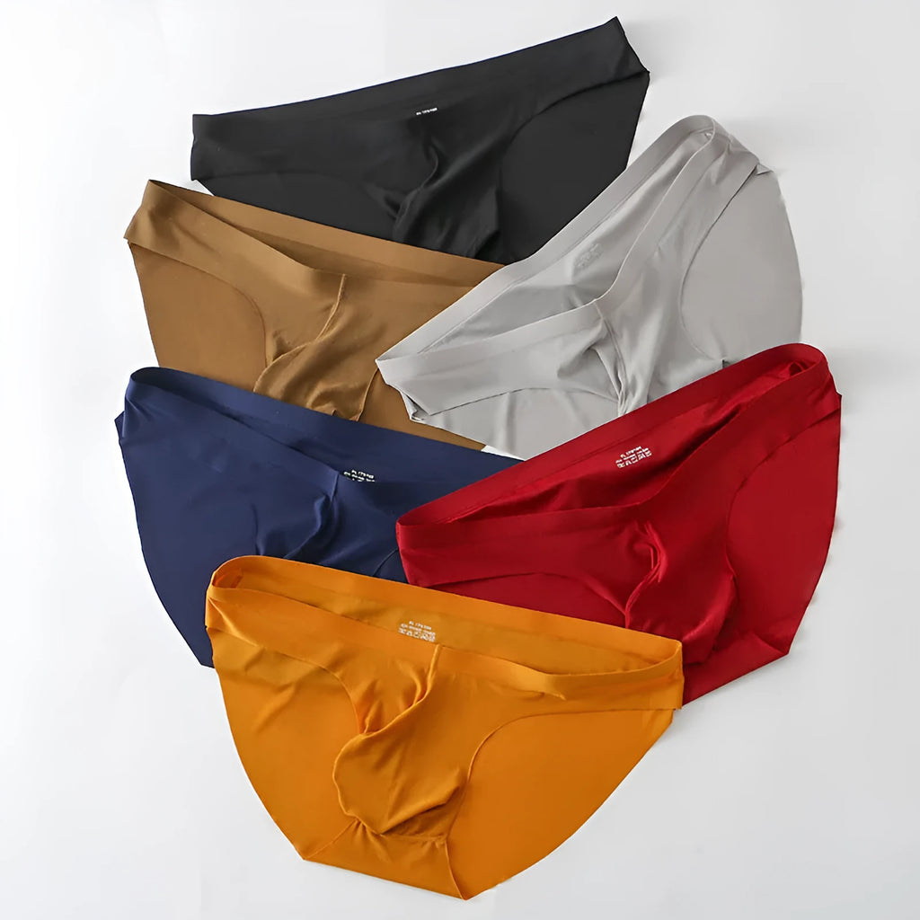 Men's black ice silk seamless briefs with bullet separation pouch on a mid-waist fit.