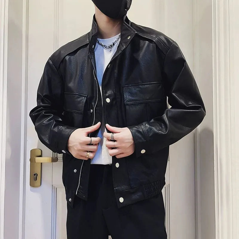 Men's black PU leather pilot jacket with a straight hem and side pockets, Korean style.