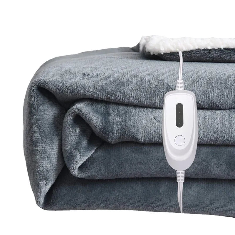 USB electric heating blanket with grey and white flannel fabric showing temperature controls