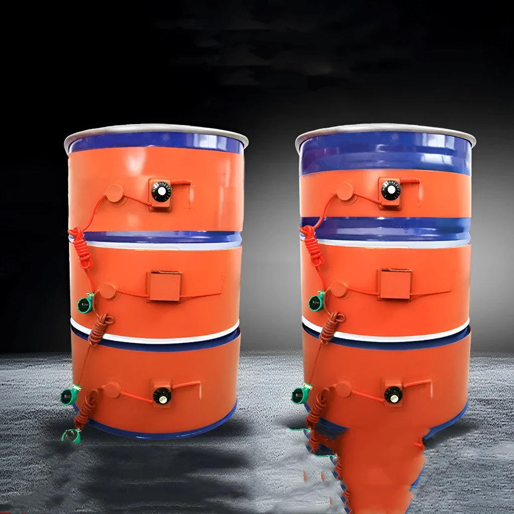 Silicone rubber heating belt wrapped around a 200-litre oil drum, showing digital display control unit.