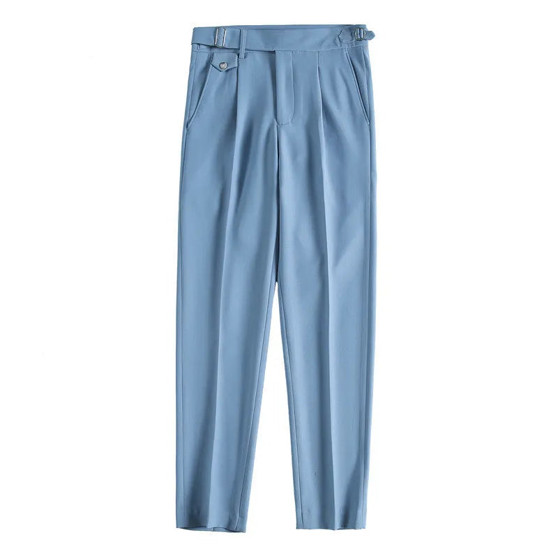 Men's straight-leg casual trousers in solid colours on a neutral background.
