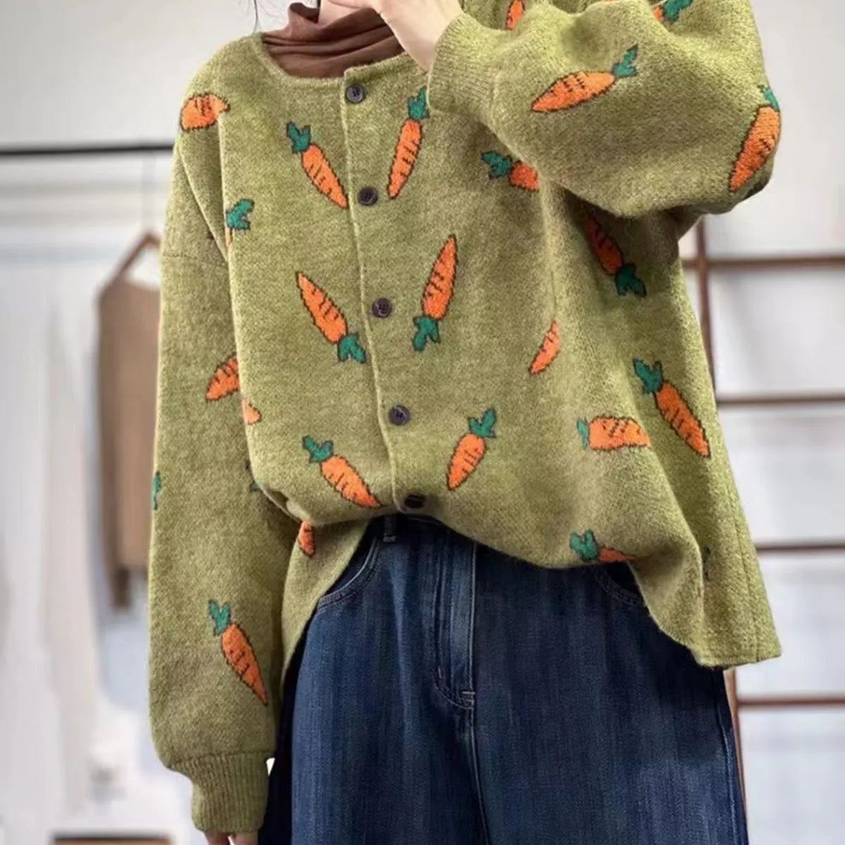 Mori artistic printing loose cardigan sweater with colour contrast design
