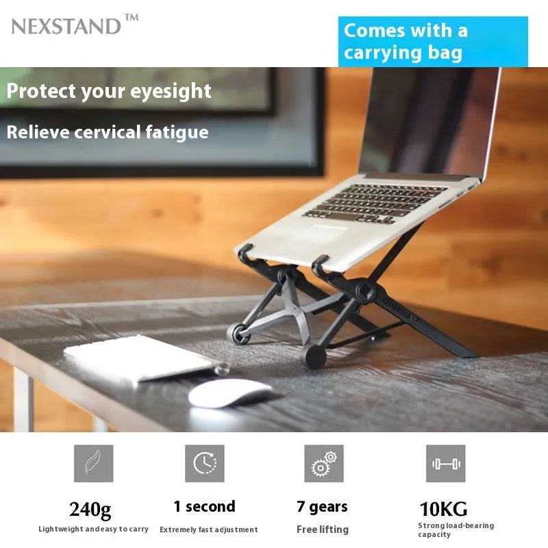 Portable folding laptop stand in sagacious black with enhanced nylon components and carrying case