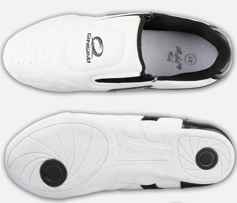 Black and White children's martial arts training shoes with soft bottom construction