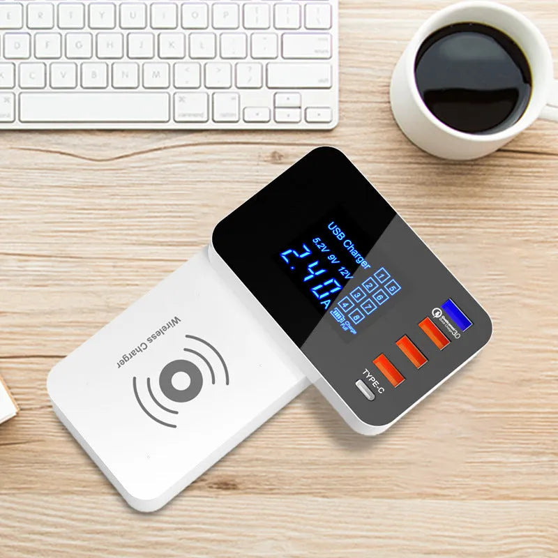 White multi USB port fast charger with wireless charging pad and interchangeable EU UK US plug adapters