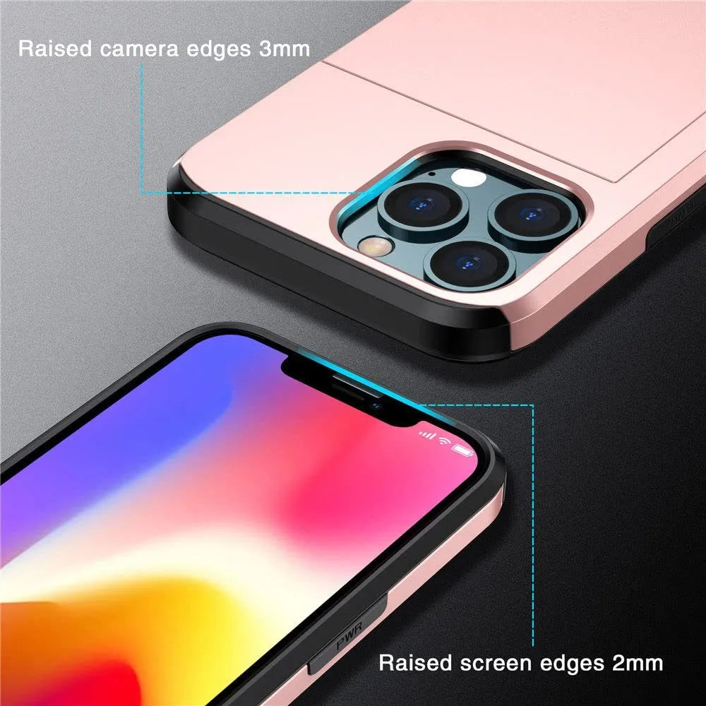 Sliding card wallet phone case in matte finish showing card slot and raised camera protection for iPhone