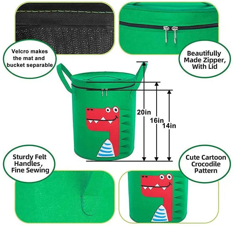 Green felt cube storage bag with pull rope that converts into a flat play mat for toys.