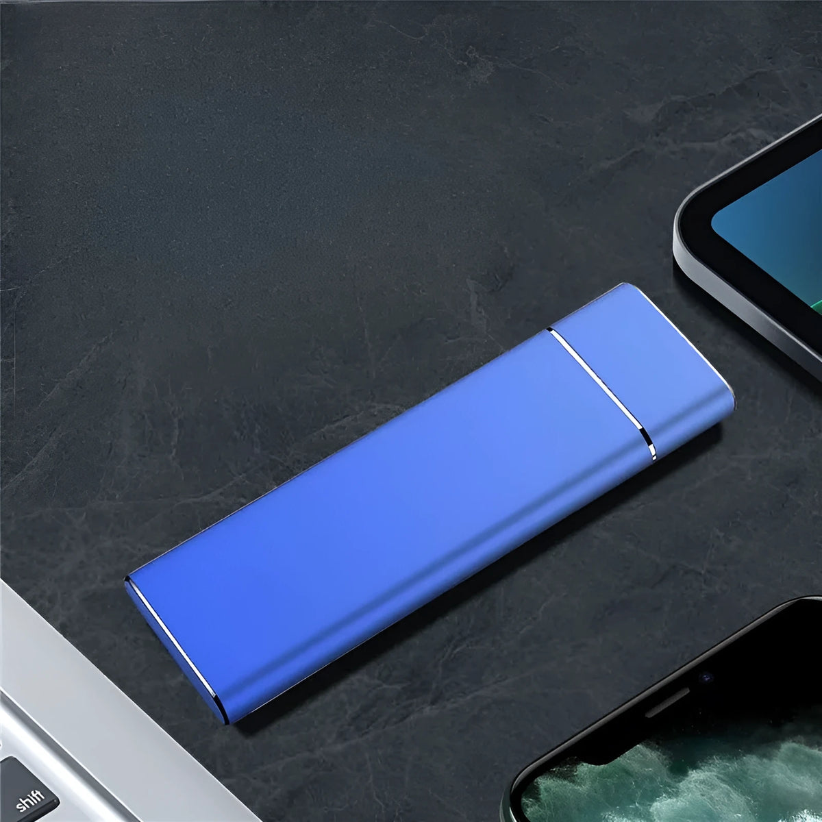 Sapphire blue portable solid state external hard drive with metal shell