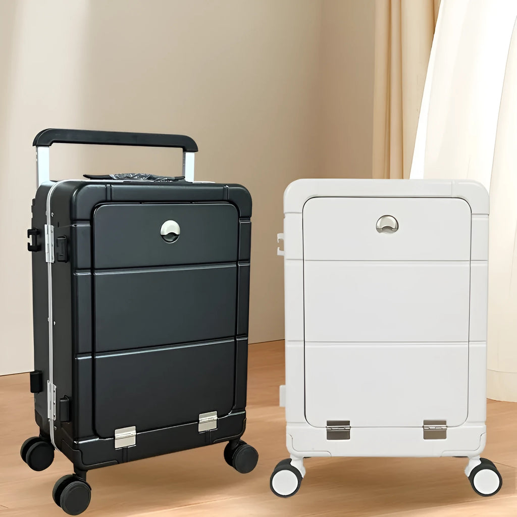 20-inch front opening hard-shell suitcase in black showing wet-dry separation compartment and universal wheels.