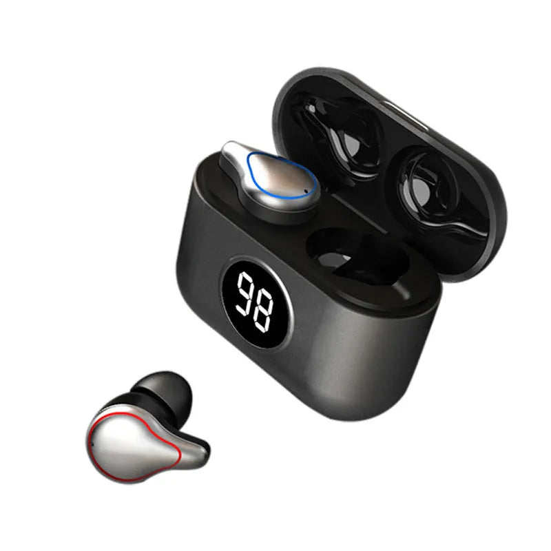 Black and blue Bluetooth wireless in-ear headphones showing earplug design and bilateral stereo configuration