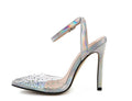 Women's pointed toe stiletto heel sandals with a PVC upper, shown on a size chart.