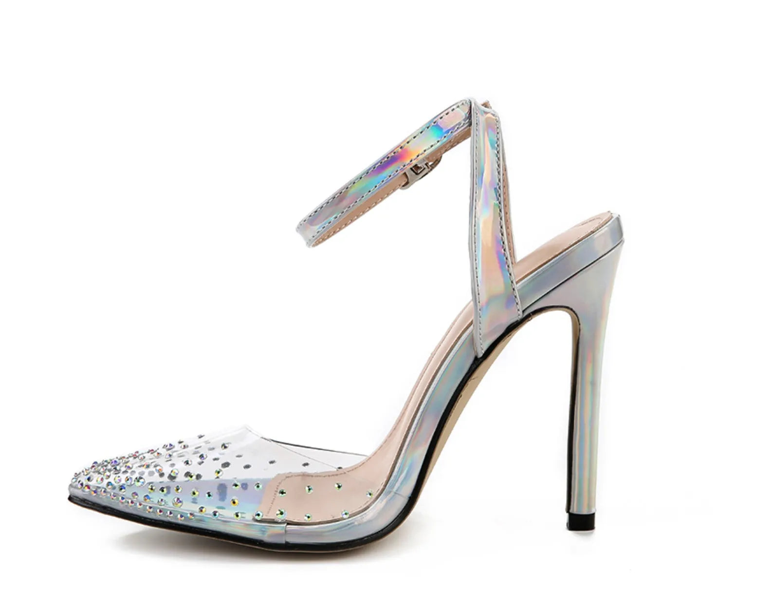 Women's pointed toe stiletto heel sandals with a PVC upper, shown on a size chart.