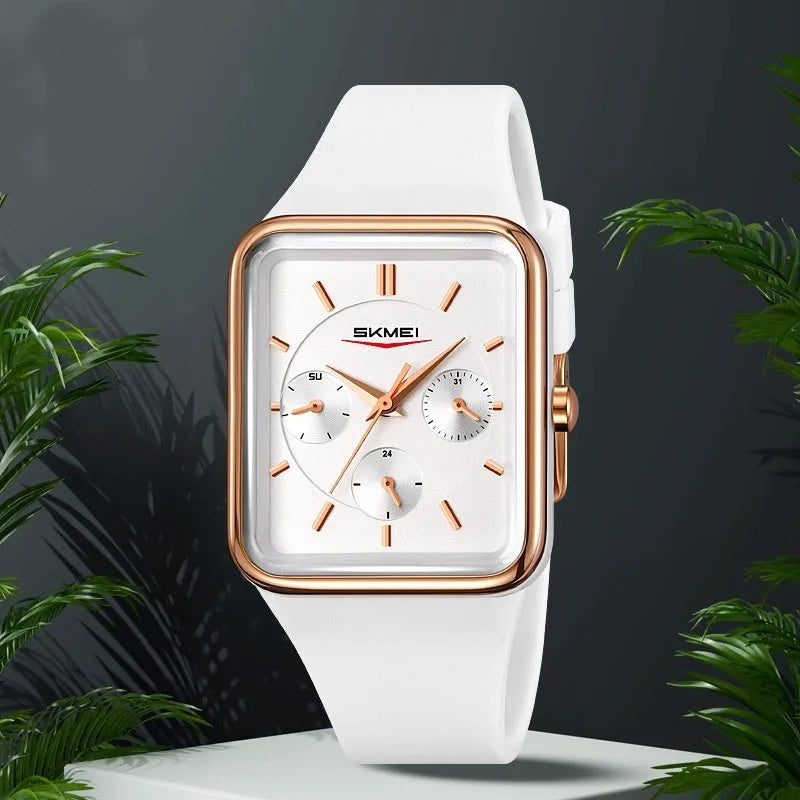 Square silicone waterproof watch for girls in multiple colour options showing 10.8mm thickness