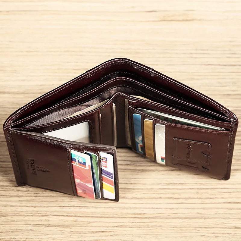 Men's leather wallet open showing photo holder, card slots, banknote folder, and hidden zippered compartment.