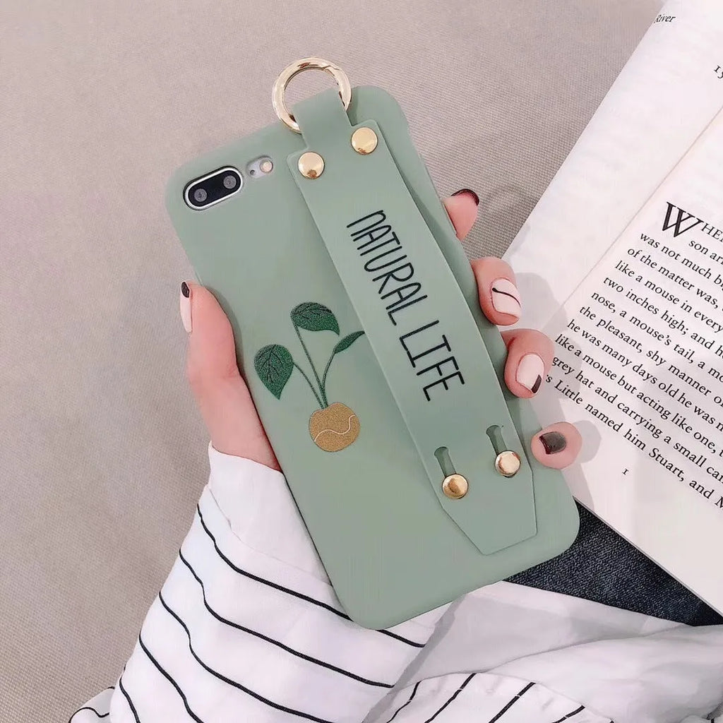 Green graffiti style wristband holder phone case for iPhone on a white background