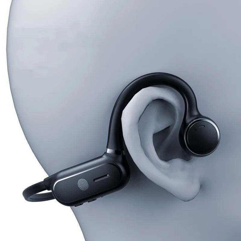Black air conduction Bluetooth wireless earphone with a titanium alloy ear-hook frame on a white background.