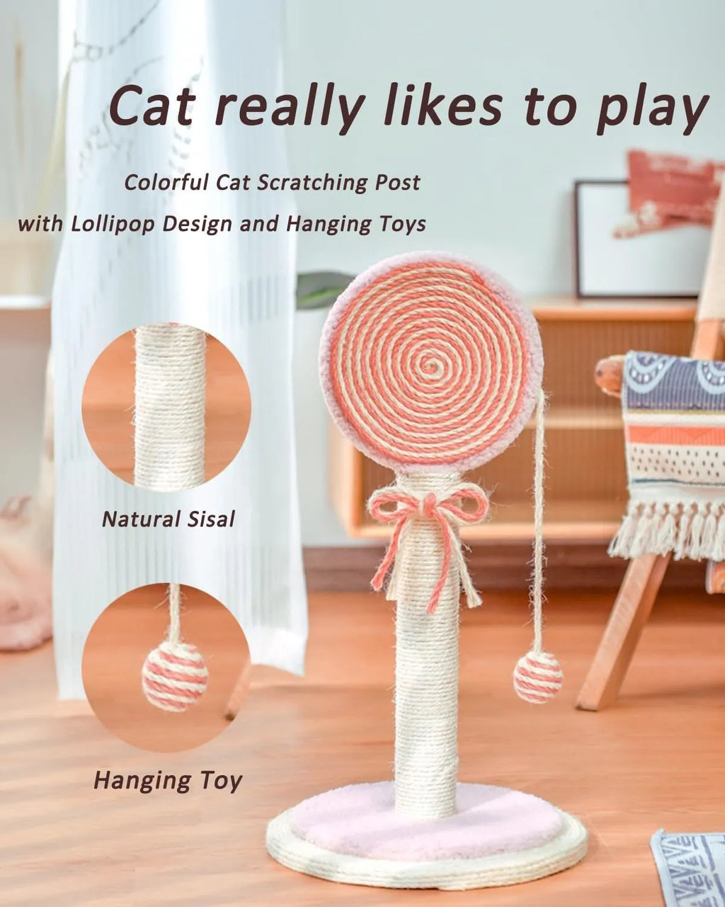 Blue cat scratching post with sisal rope, hanging ball toy, and a sturdy wooden base