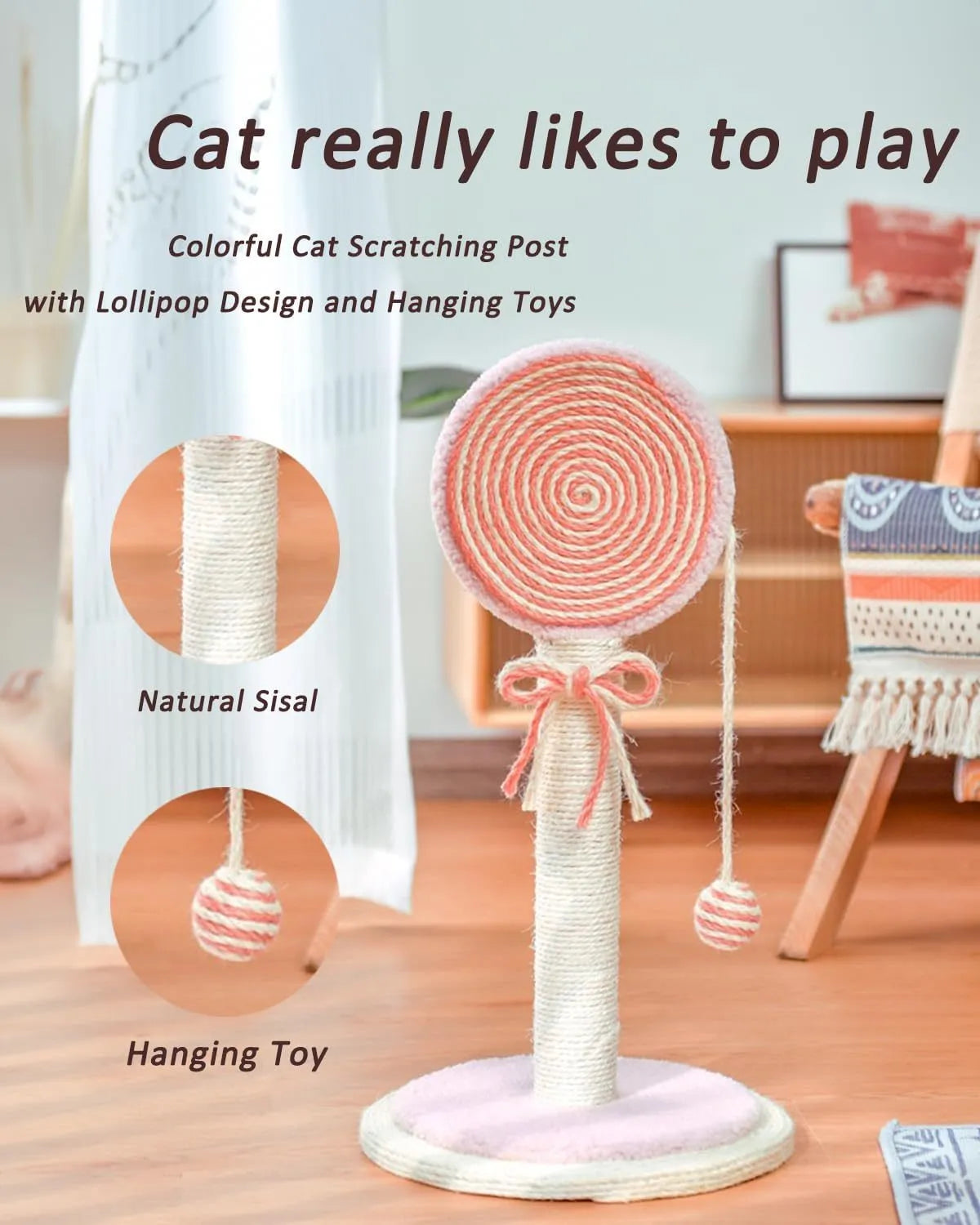 Blue cat scratching post with sisal rope, hanging ball toy, and a sturdy wooden base