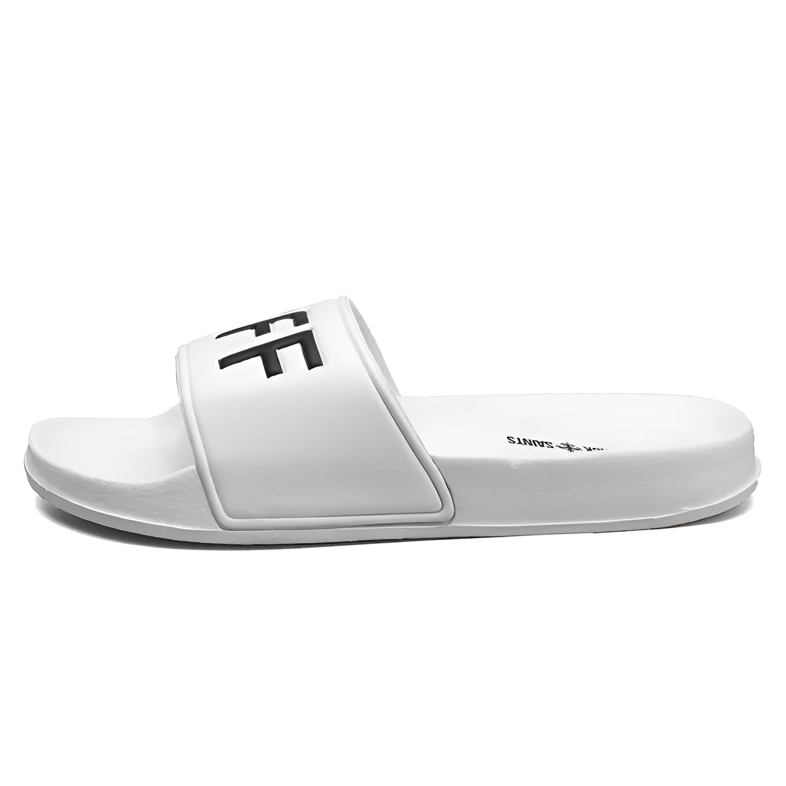 Large size men's personalised slippers with rubber sole and open toe design in black and white