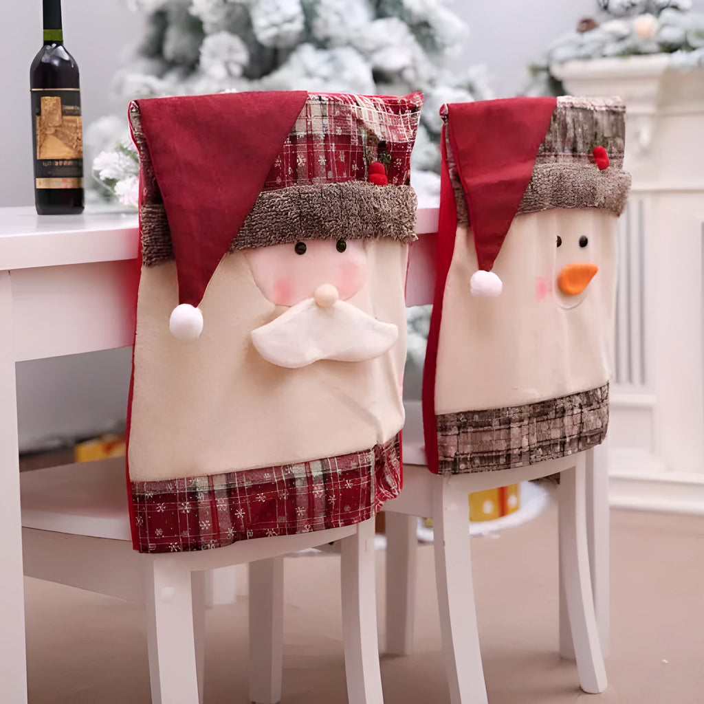 Christmas chair covers set featuring Santa Claus, Snowman and Santa hat designs for holiday dining chair decoration