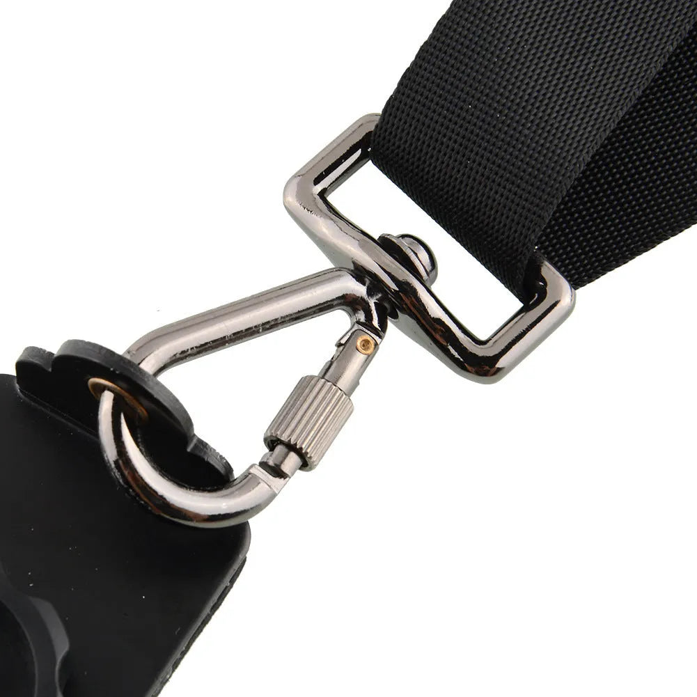 Black professional dual shoulder strap for two SLR cameras, showing nylon construction and padded shoulders.