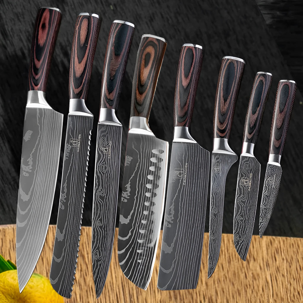 Chef knife with laser Damascus pattern on 7CR17 steel blade and colour steel handle.