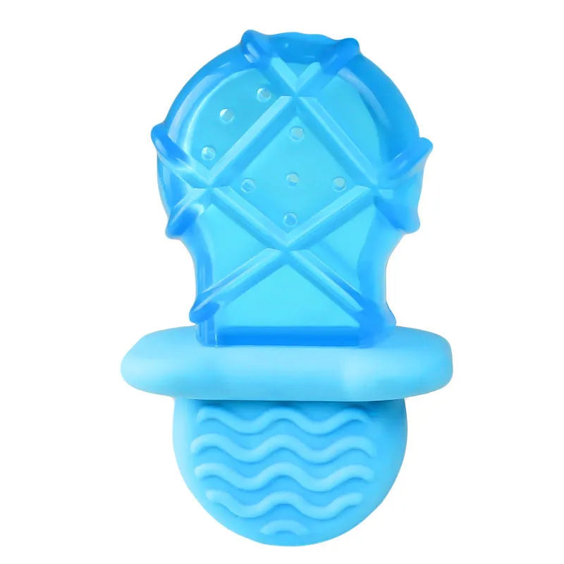 Three water filled dog toys: pacifier, popsicle, and ring shapes for cooling and teething