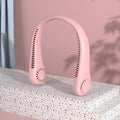 Pink USB rechargeable bladeless neck fan hanging on a mannequin neck