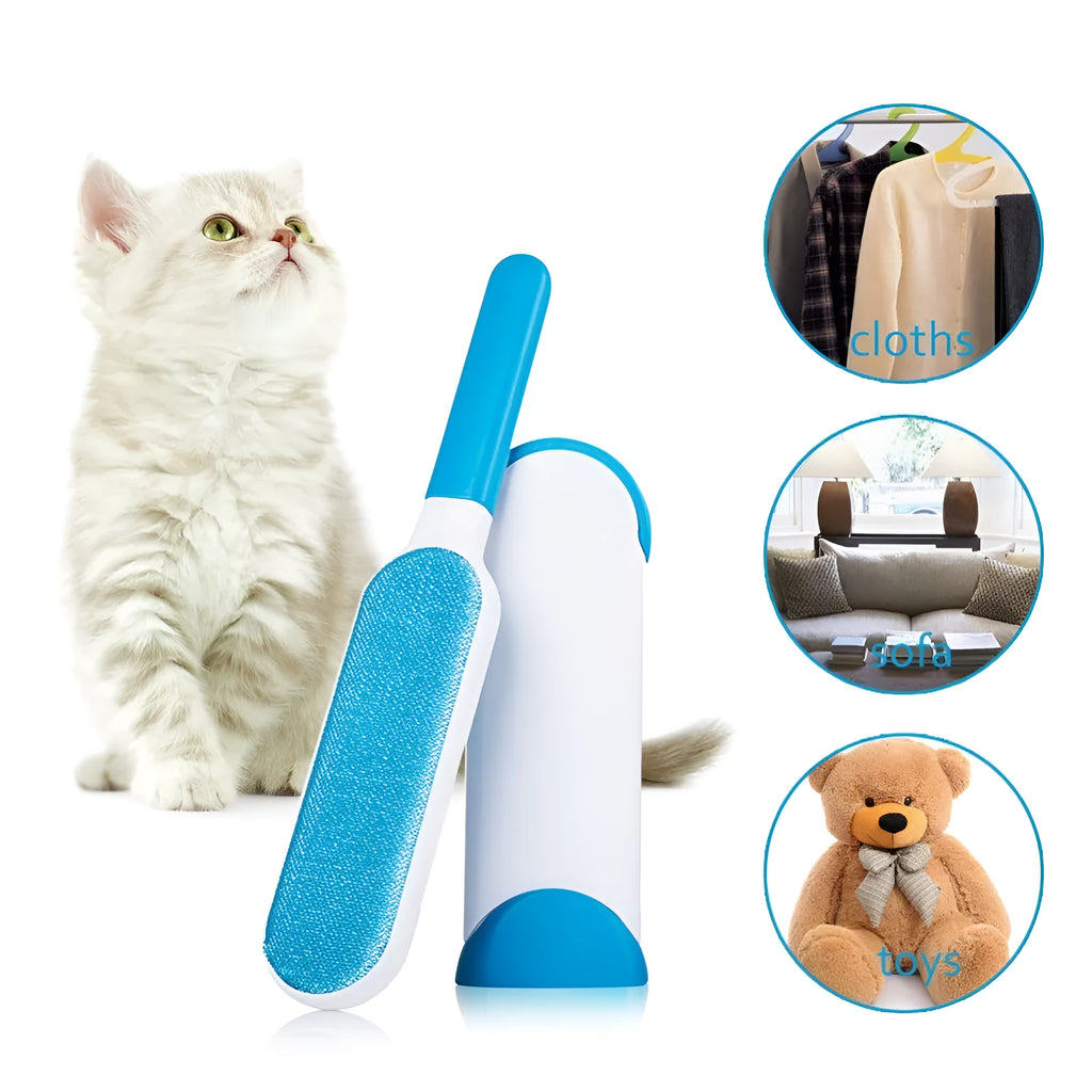 Blue reusable pet hair brush with self-cleaning base for sofas and furniture.