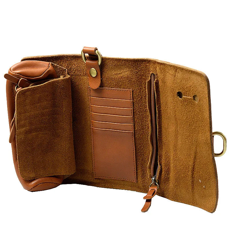 Handmade cow leather vintage bi-fold wallet with tape extraction closure