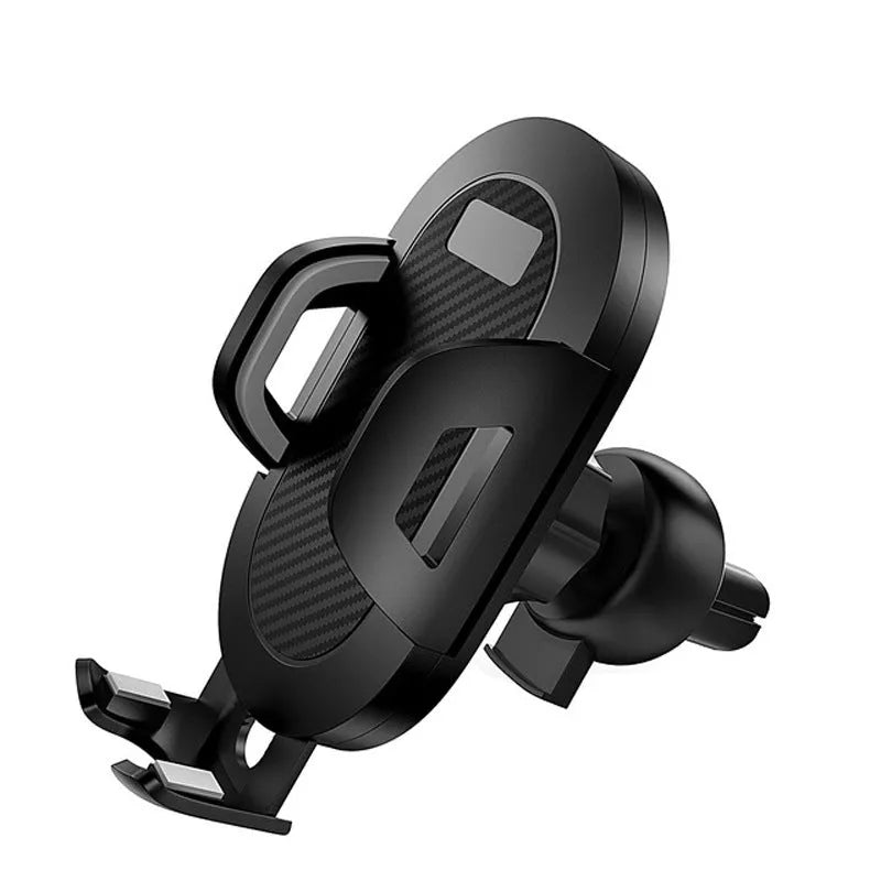 Auto-lock car phone holder in black with grey trim mounted on car air vent holding a smartphone