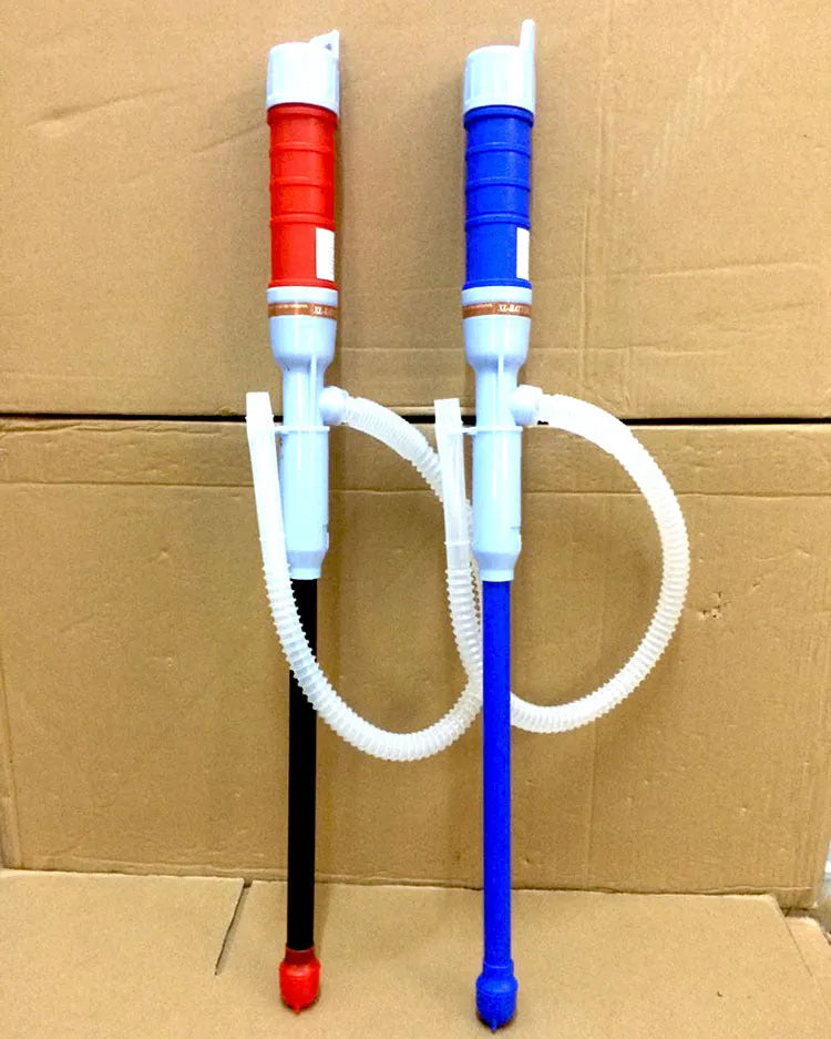 Manual hand siphon pump made of PP plastic for transferring fuel and oil in blue or red