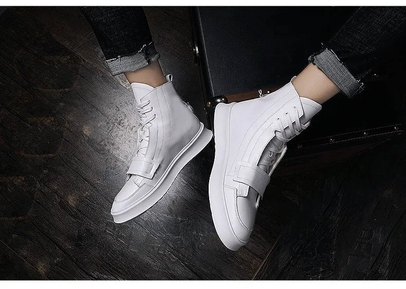 Men's black and white PU leather ankle boots with microfiber upper in high-top sneaker style.