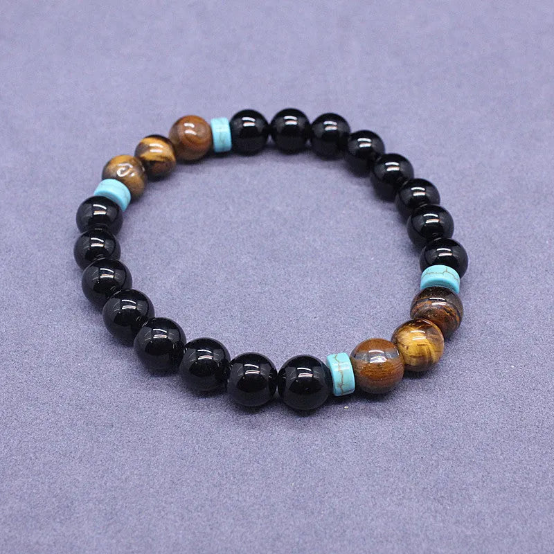 Natural agate tiger eye stone jewellery set with black bracelet and geometric necklace