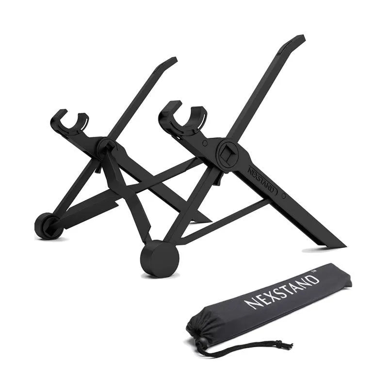 Portable folding laptop stand in sagacious black with enhanced nylon components and carrying case