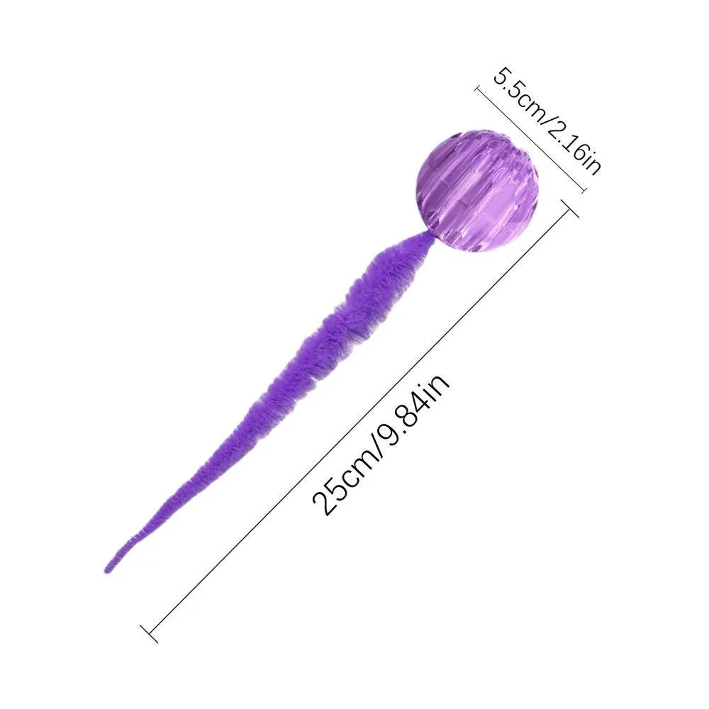 Interactive bouncy ball cat toy with worm tail in green, pink, or purple colours
