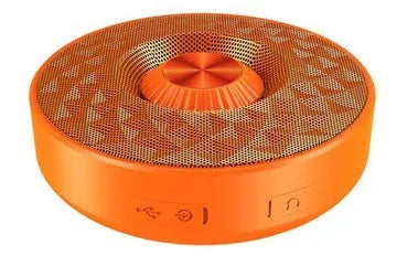 Compact black Bluetooth speaker showing front grill and controls.