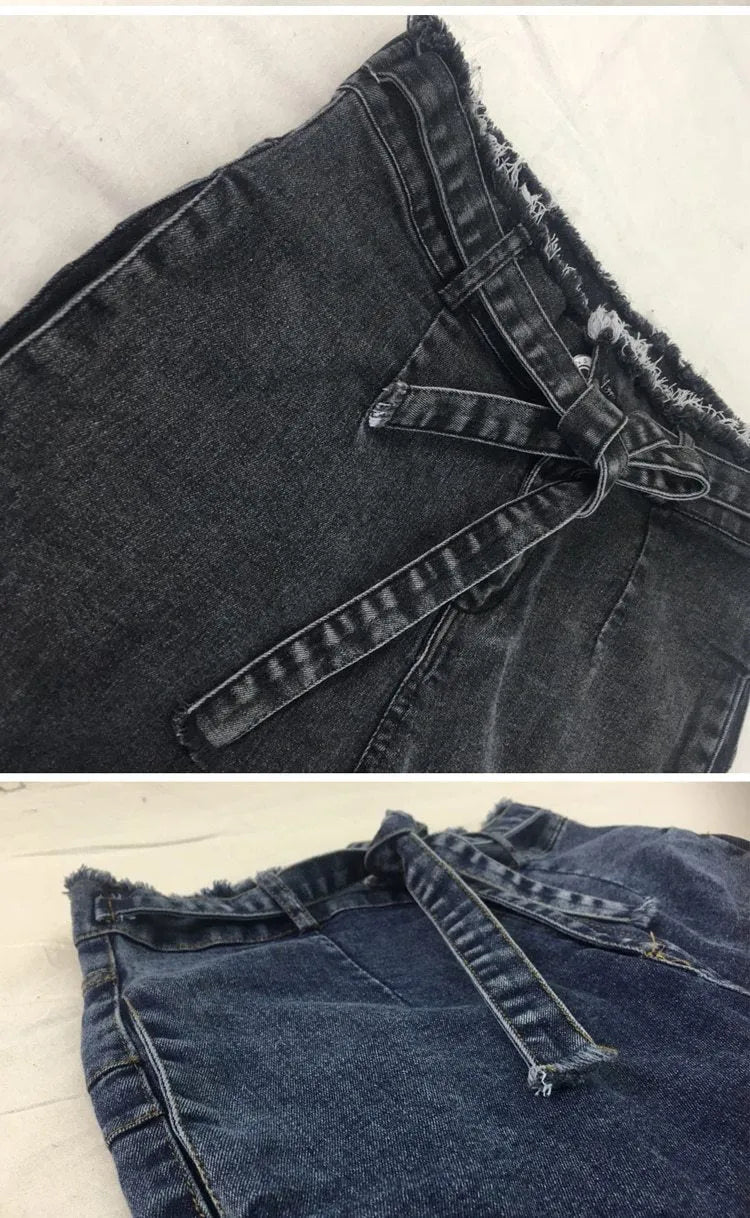 Women's fringed jeans with distressed hem in grey, dark blue, and light blue colours, showing five-pocket design and loose fit