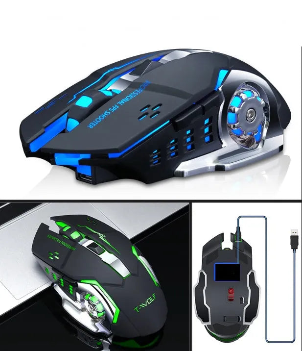 Black and white wireless mouse with wireless charging and quiet click buttons