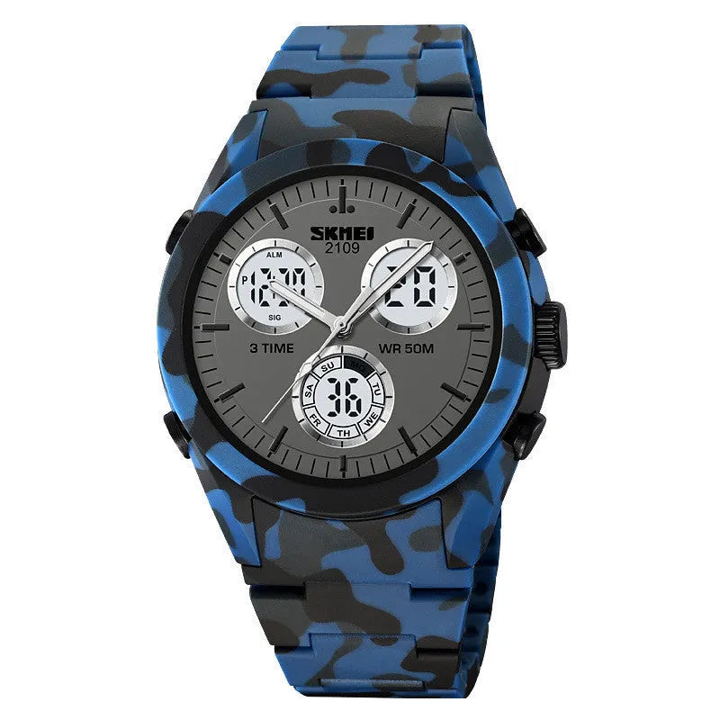 Electronic casual watch with a 50m waterproof rating shown in various colours including camouflage, on a flexible TPU strap.