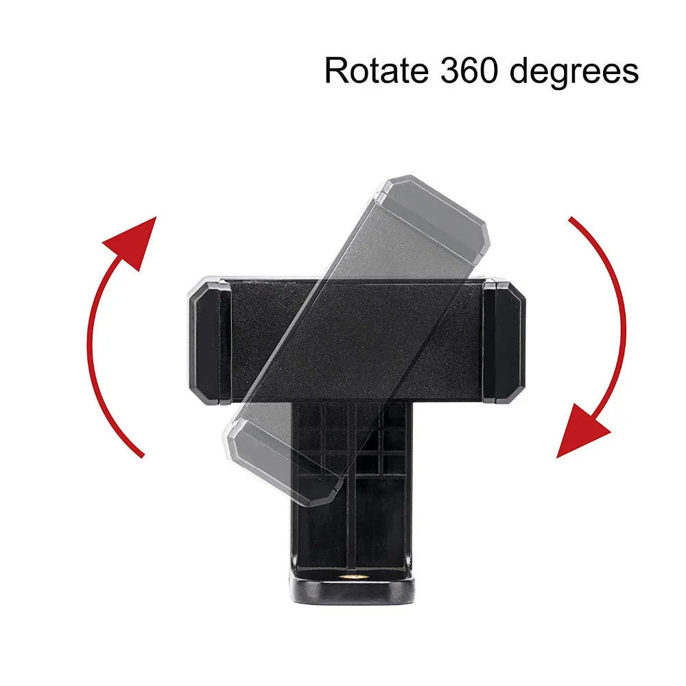Black plastic phone holder with rotating clamp and universal folder mount on flat surface