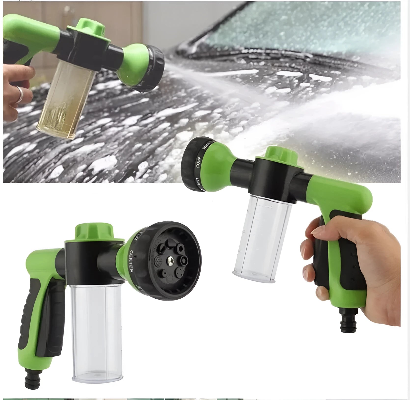 Green high pressure foam spray gun with adjustable nozzle for car washing and garden cleaning