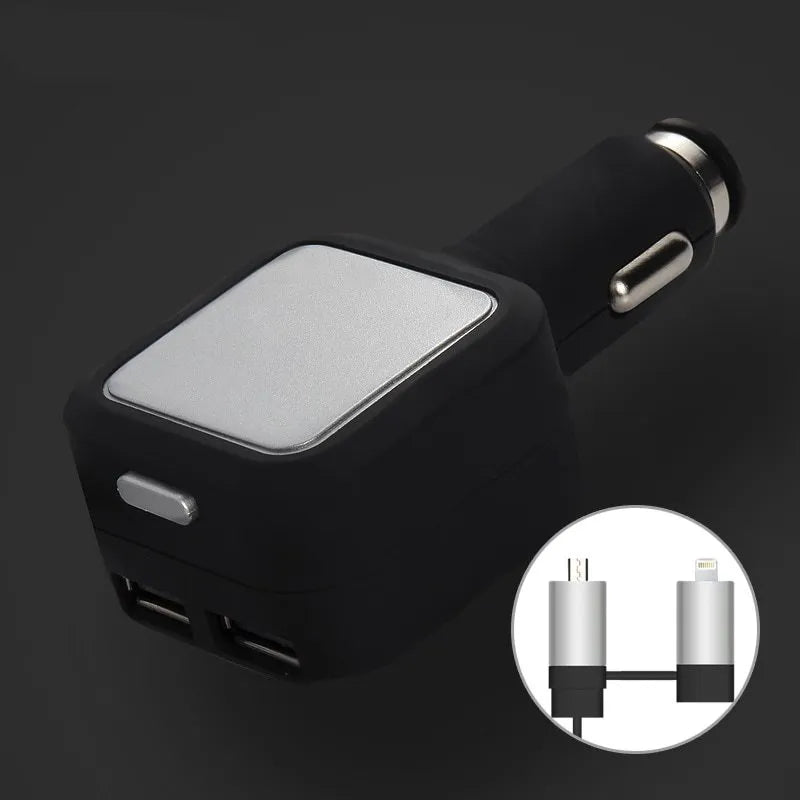 Black and gold dual USB car charger with retractable cable shown plugged into vehicle power outlet