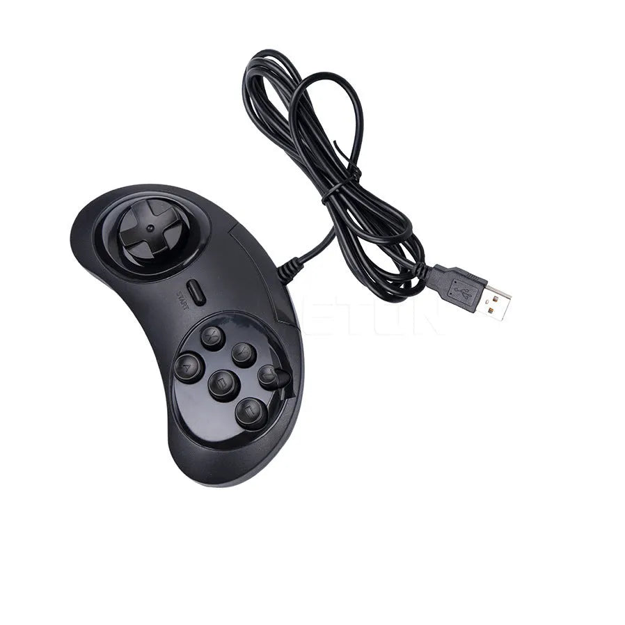 Black Sega USB PC game controller with 1.8-metre cable on grey background