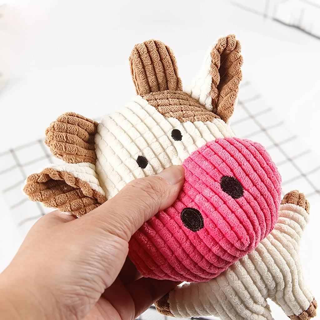 Colourful plush dog chew toy in animal shape with squeaker inside for bite-resistant chewing