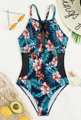 Women's deep V-neck one-piece swimsuit in polyester with solid, gradient, or printing pattern options