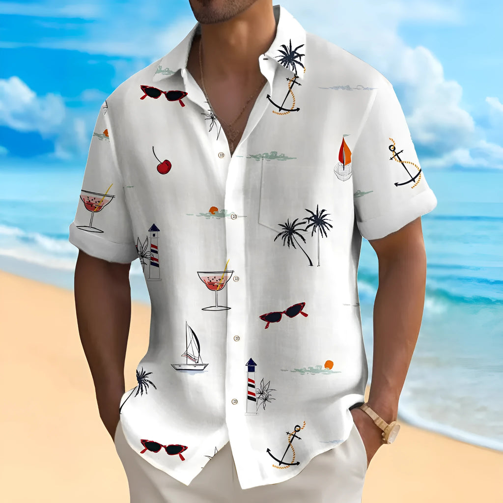 Man wearing a loose fit, short sleeve Hawaiian shirt with a vibrant digital print pattern.